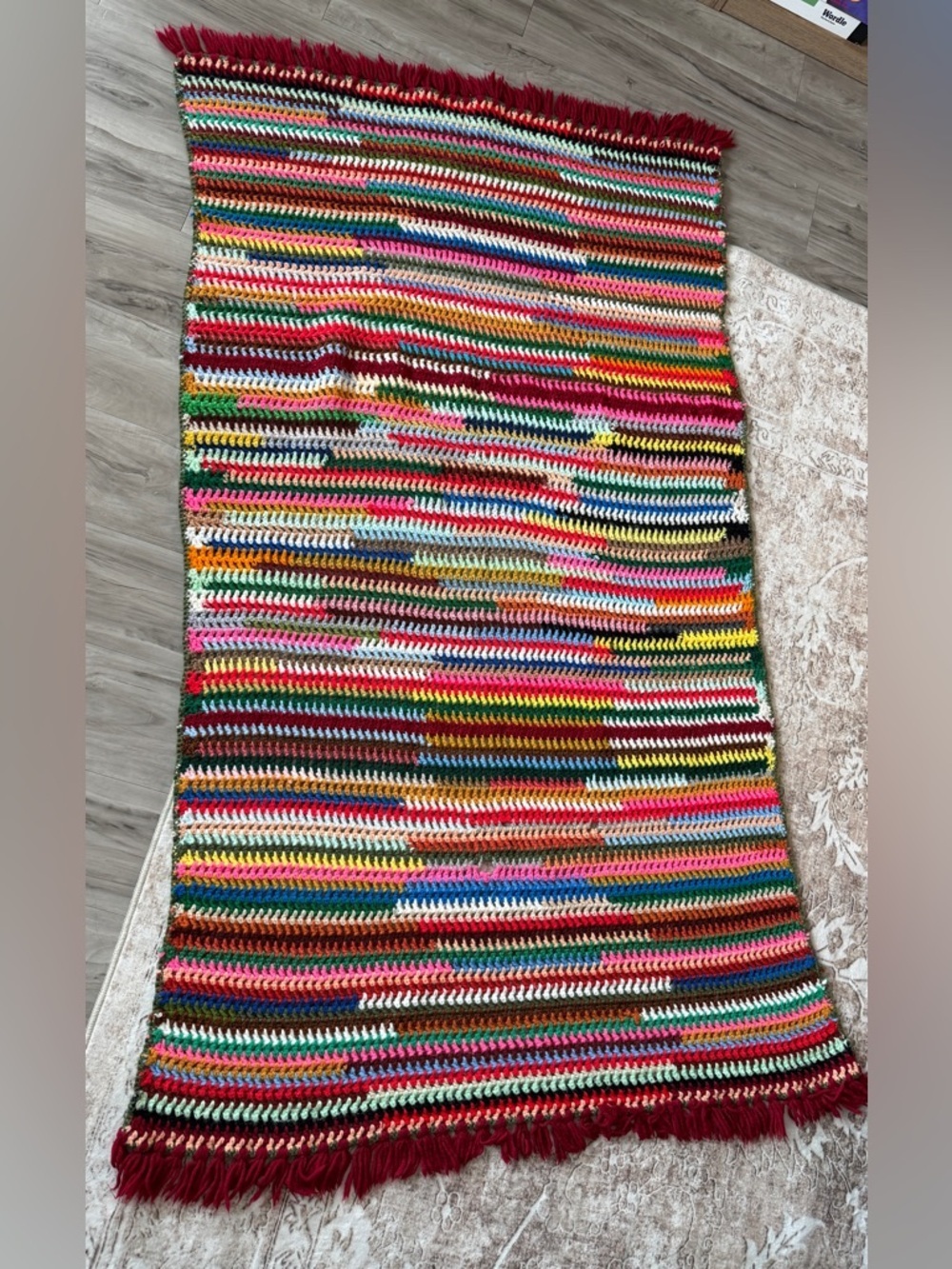 Handmade Crochet Blanket Multicolor Striped Throw Fringe Boho Colorful 40x64
